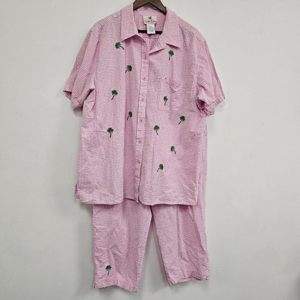 Quacker Factory Womens Pants Top Set Size 2X Crop Palm Trees Plaid Pink White